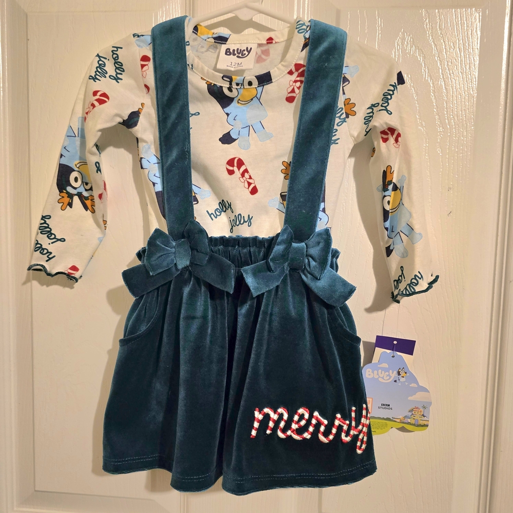 Bluey Girl's Velvet Christmas Dress‎ W/ Top 2 Piece Set Green Size 12 Months